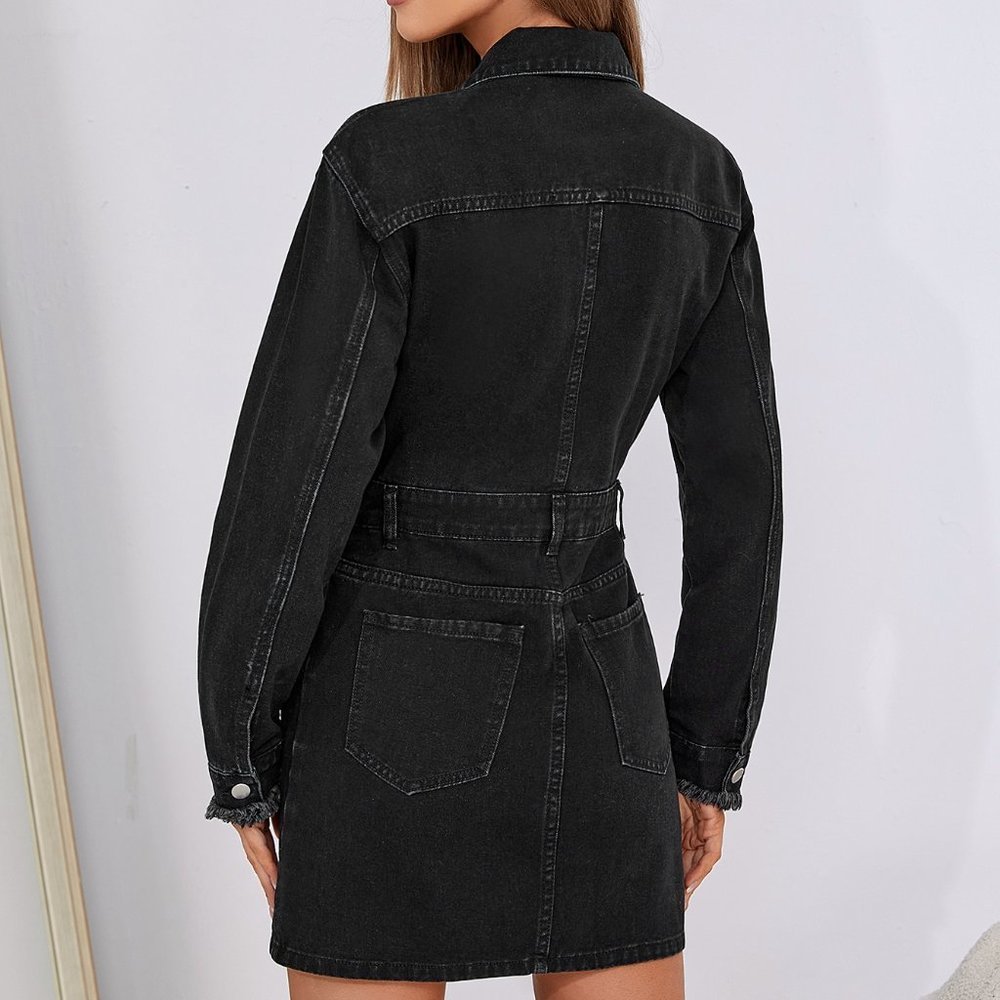 Black Casual Womens Fringe Trim Button Front Denim Dress - Picture 2 of 6